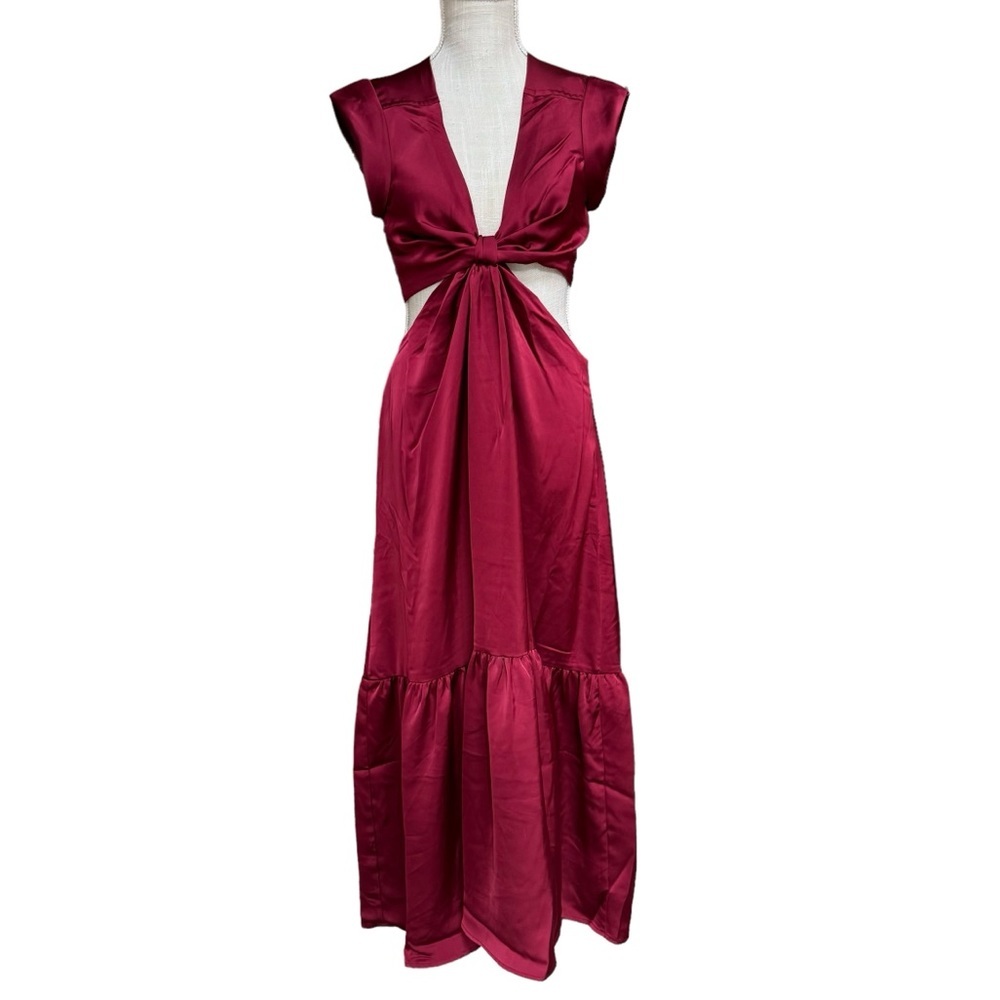 Jason Wu Womens Red Satin Cutout Front Knot Maxi Dress‎ Size M New!